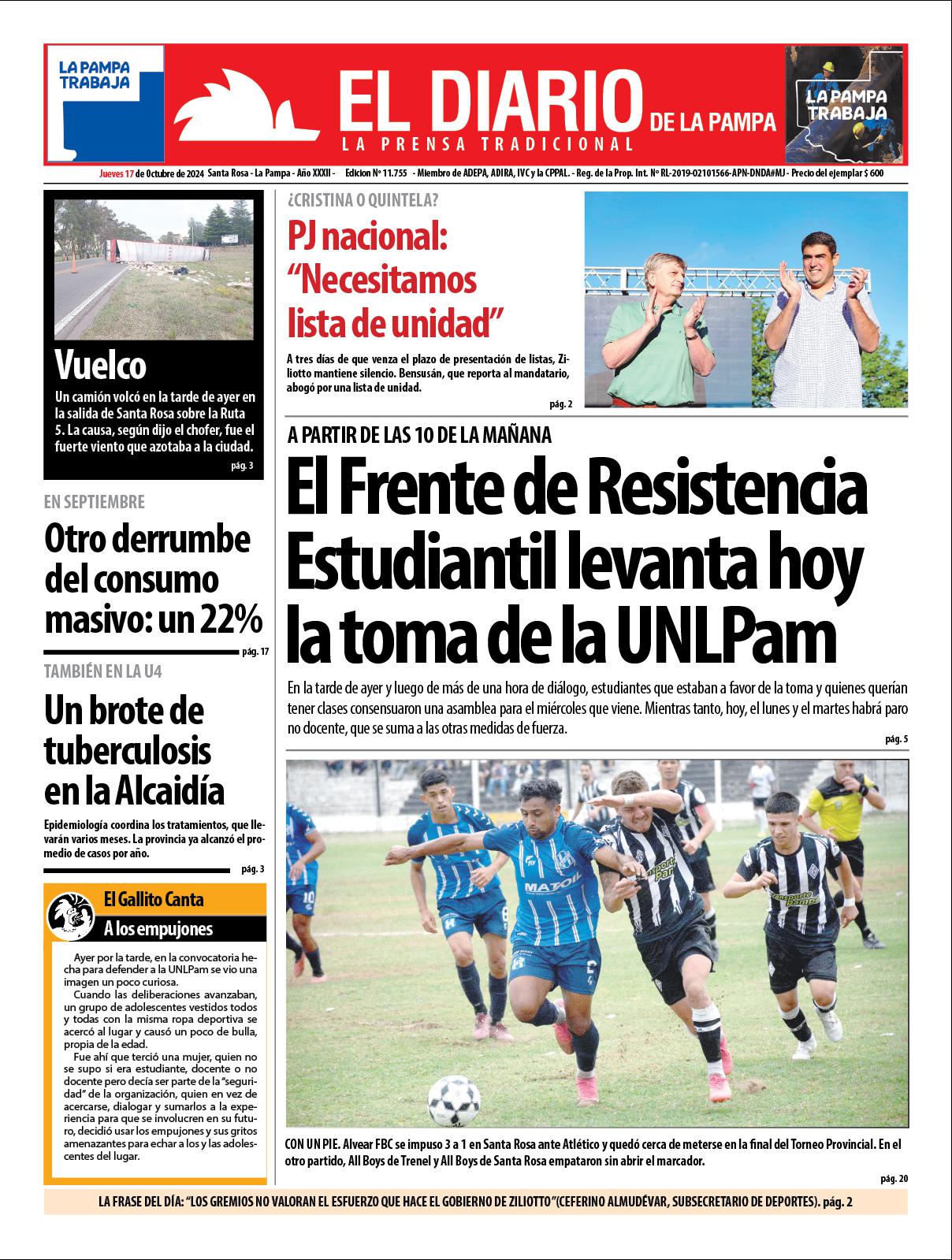 Tapa de El Diario en papel  jueves 17 de octubre de 2024